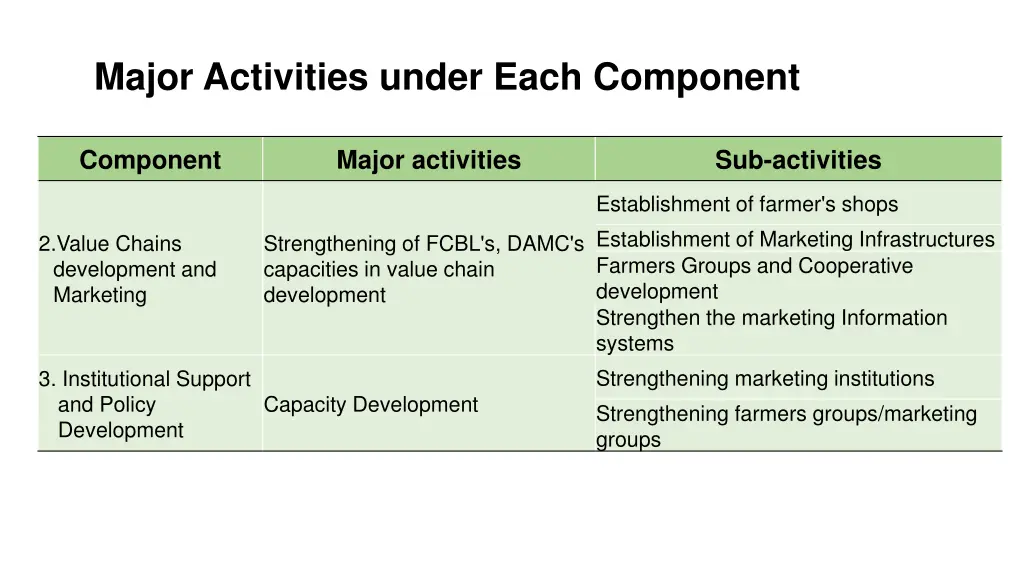 major activities under each component 1