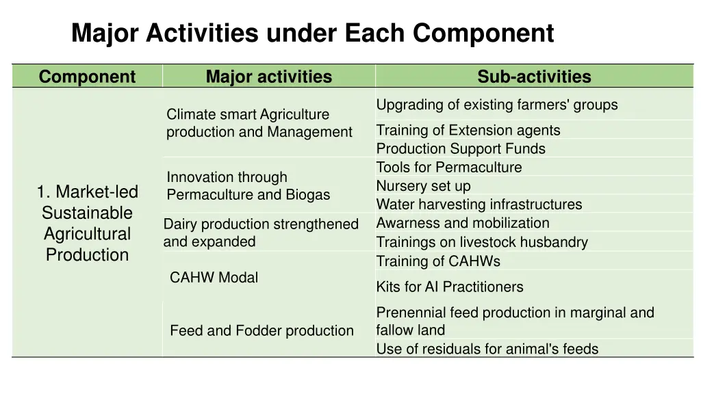 major activities under each component