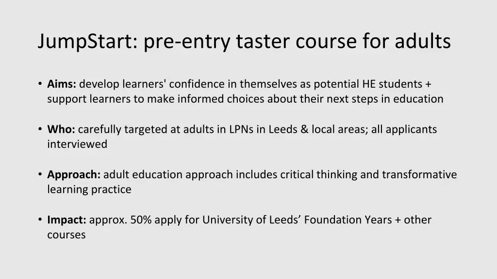 jumpstart pre entry taster course for adults