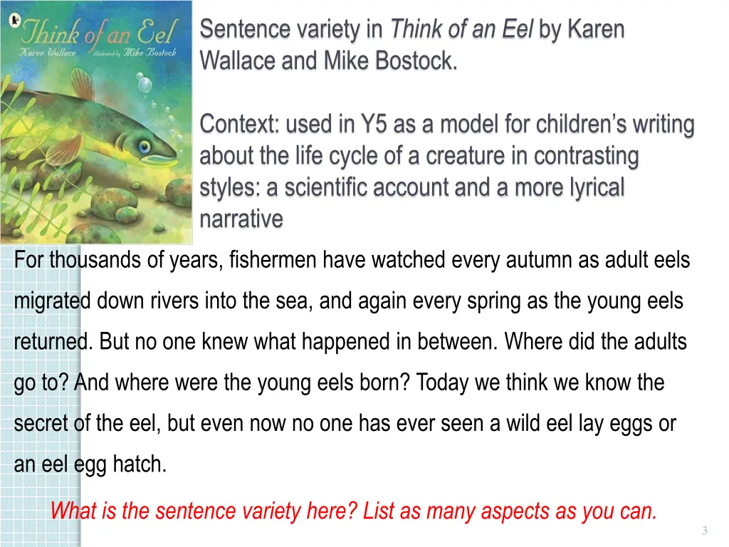 sentence variety in think of an eel by karen