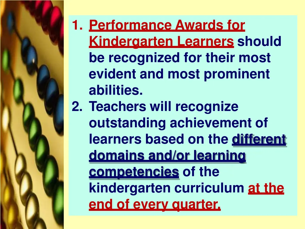 1 performance awards for kindergarten learners