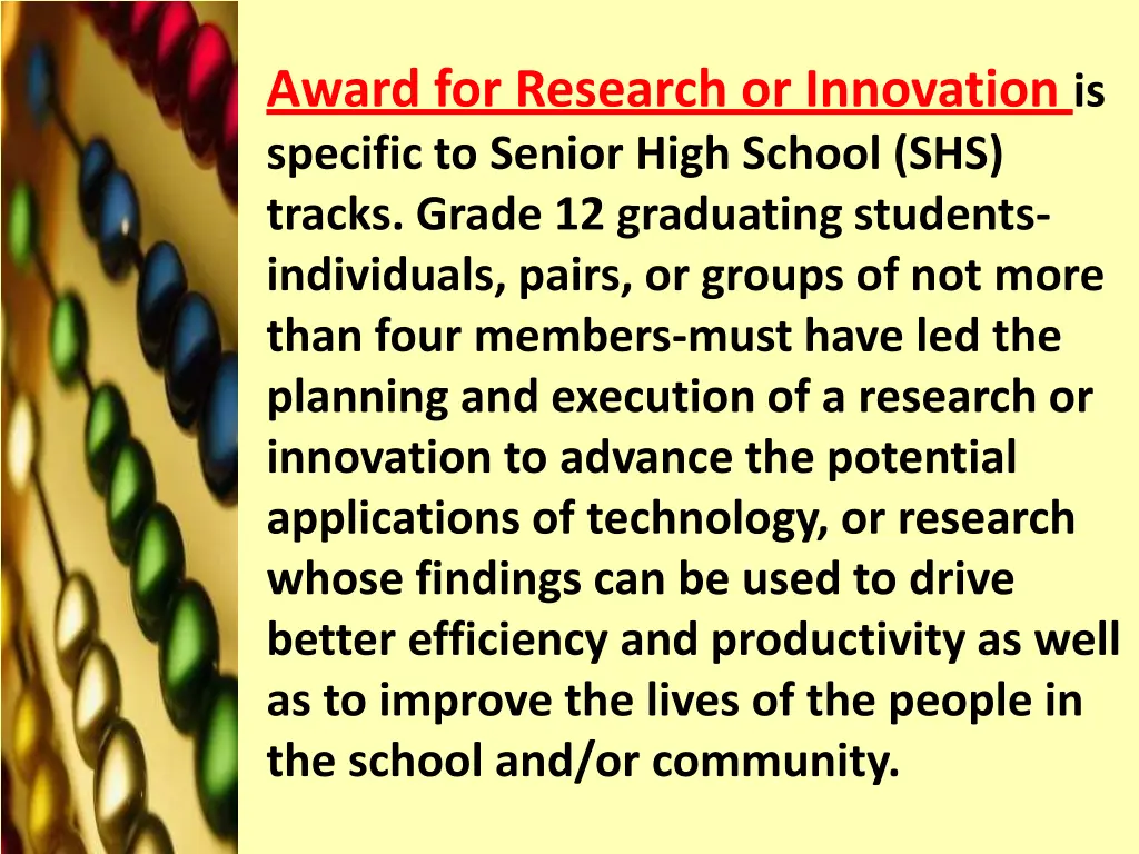 award for research or innovation is specific