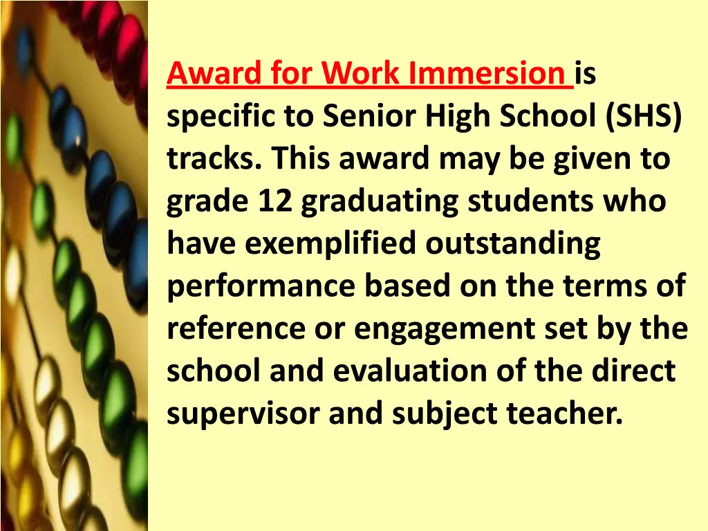 award for work immersion is specific to senior