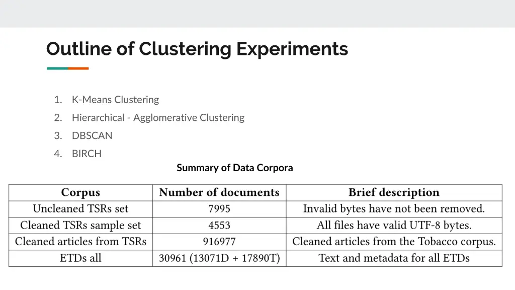 outline of clustering experiments