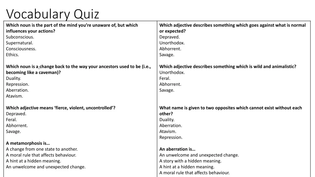 vocabulary quiz which noun is the part