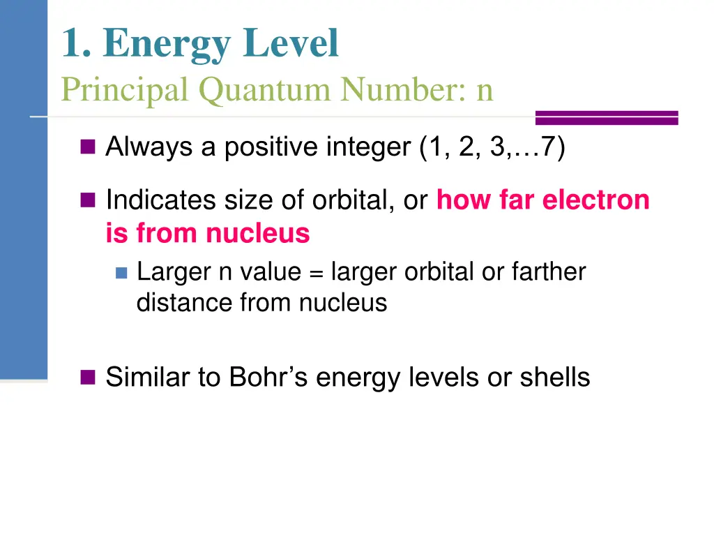 1 energy level principal quantum number n