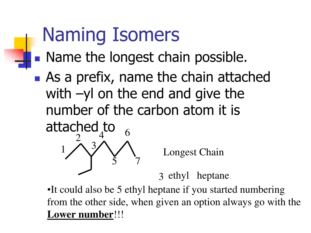 naming isomers name the longest chain possible