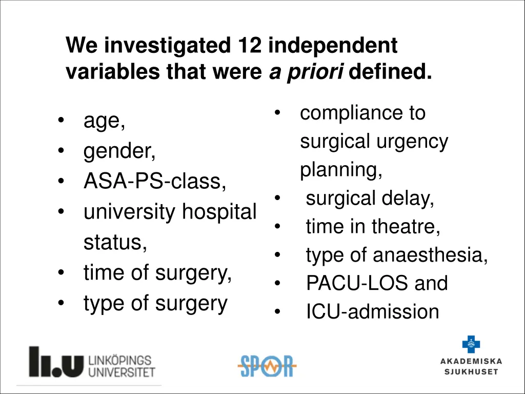 we investigated 12 independent variables that