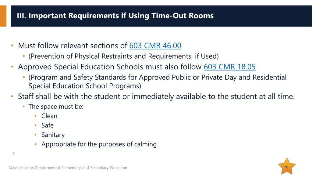 iii important requirements if using time out rooms