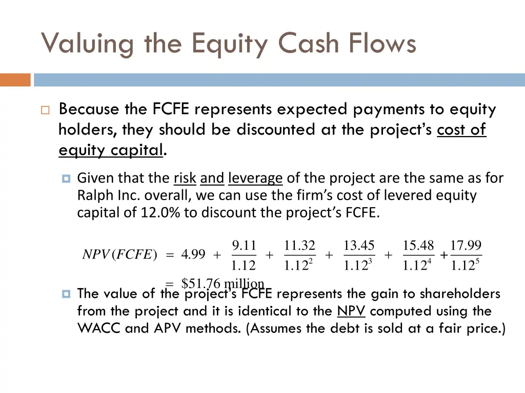 valuing the equity cash flows