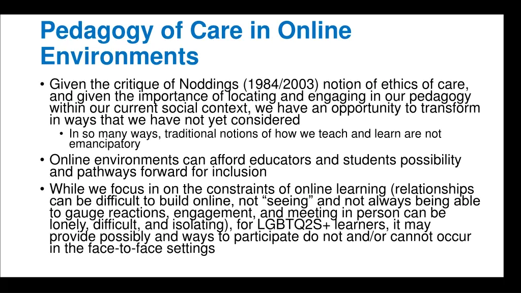 pedagogy of care in online environments given