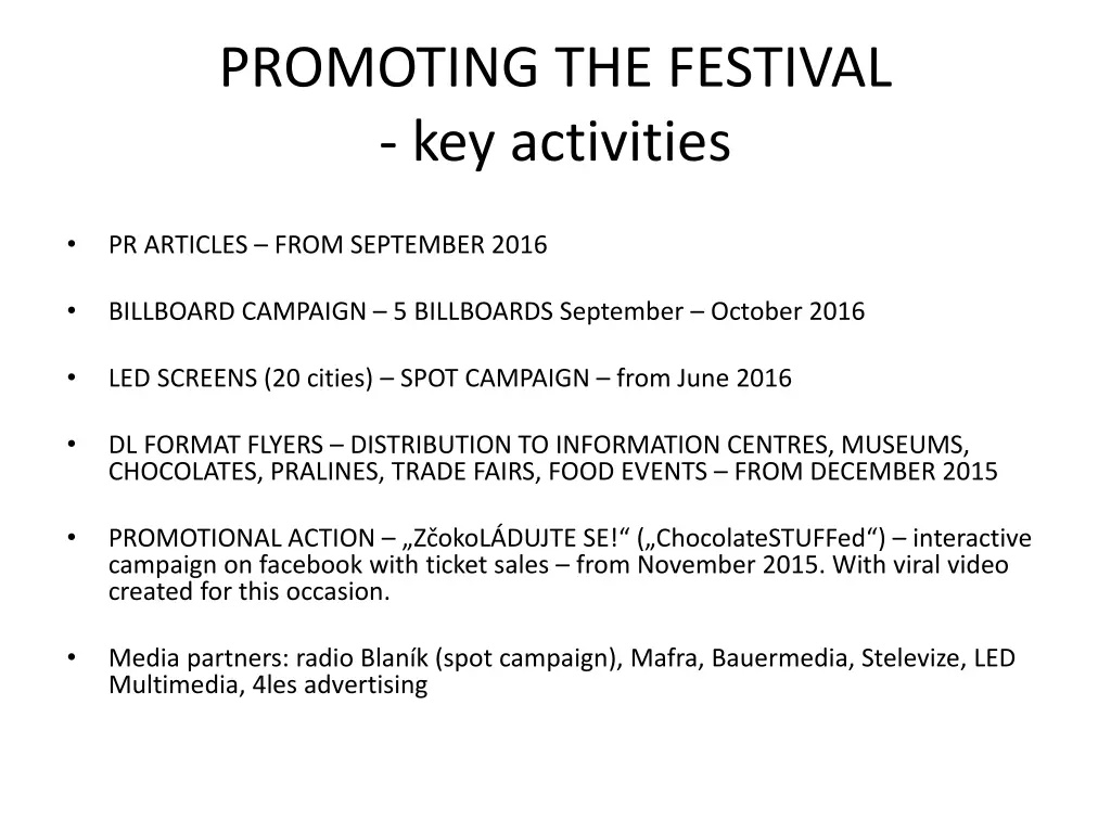 promoting the festival key activities