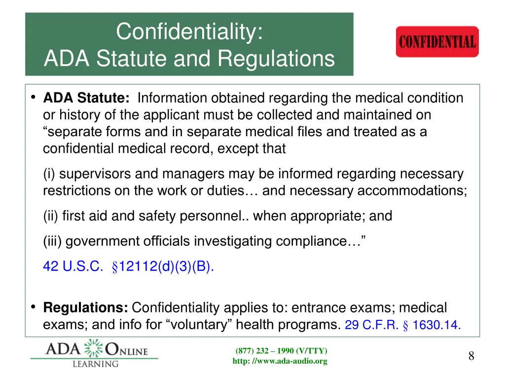 confidentiality ada statute and regulations