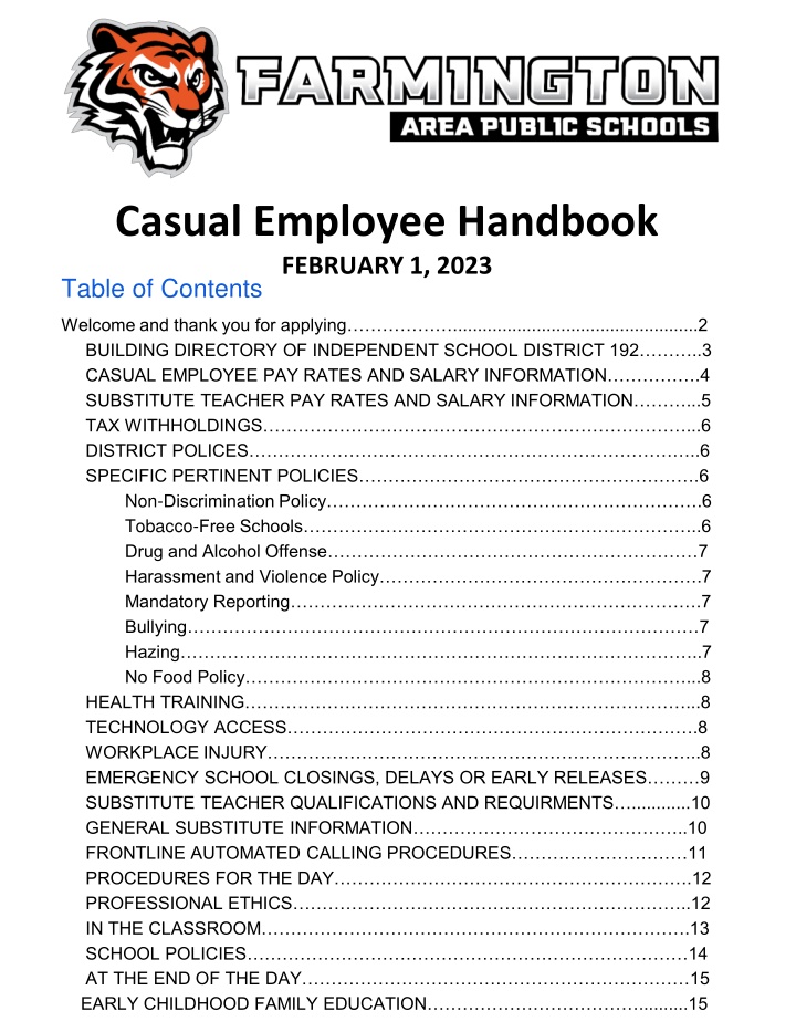 casual employee handbook february 1 2023 table