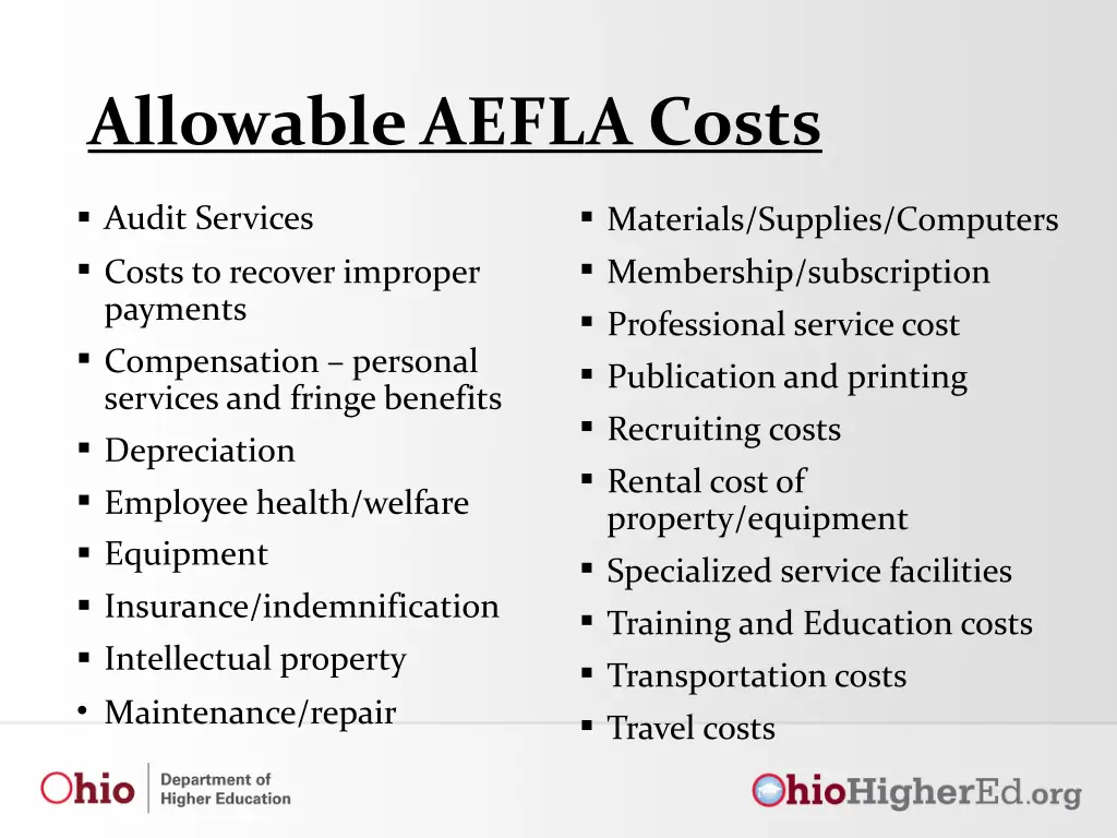 allowable aefla costs