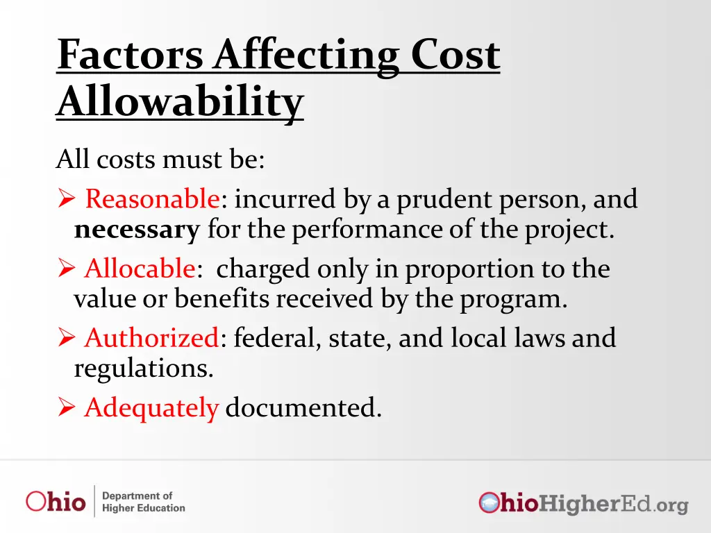 factors affecting cost allowability