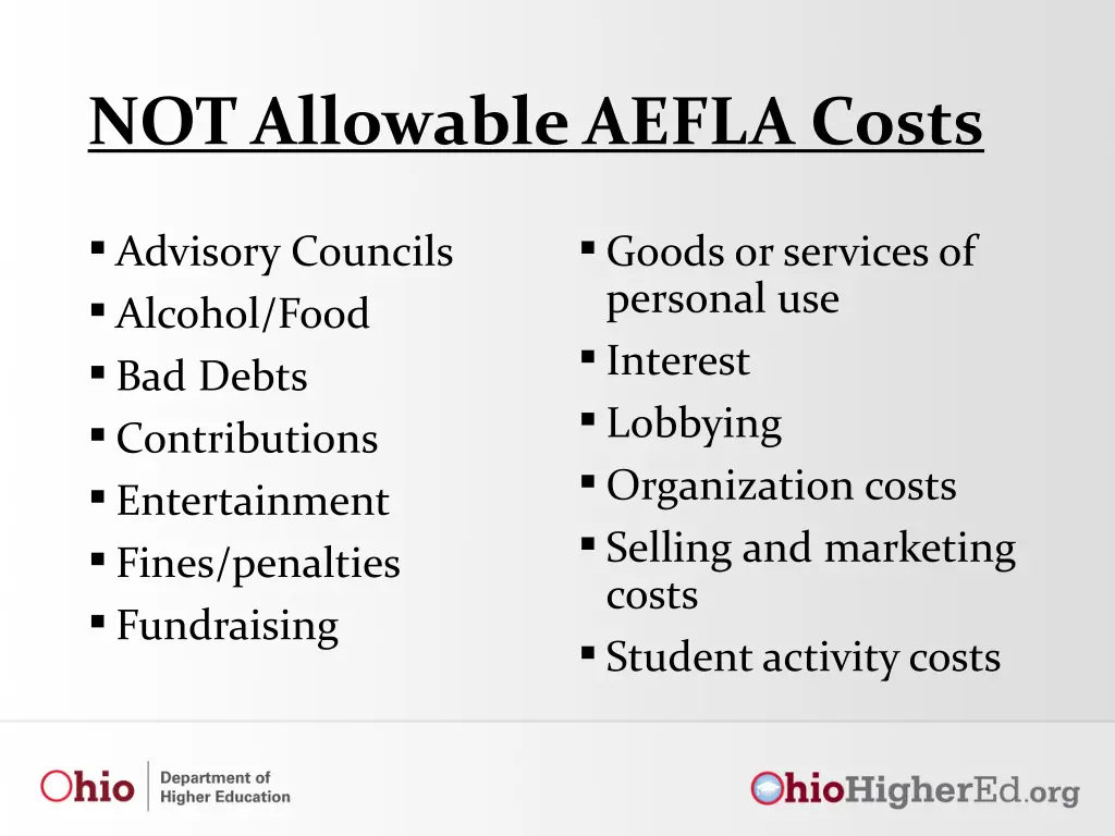 not allowable aefla costs