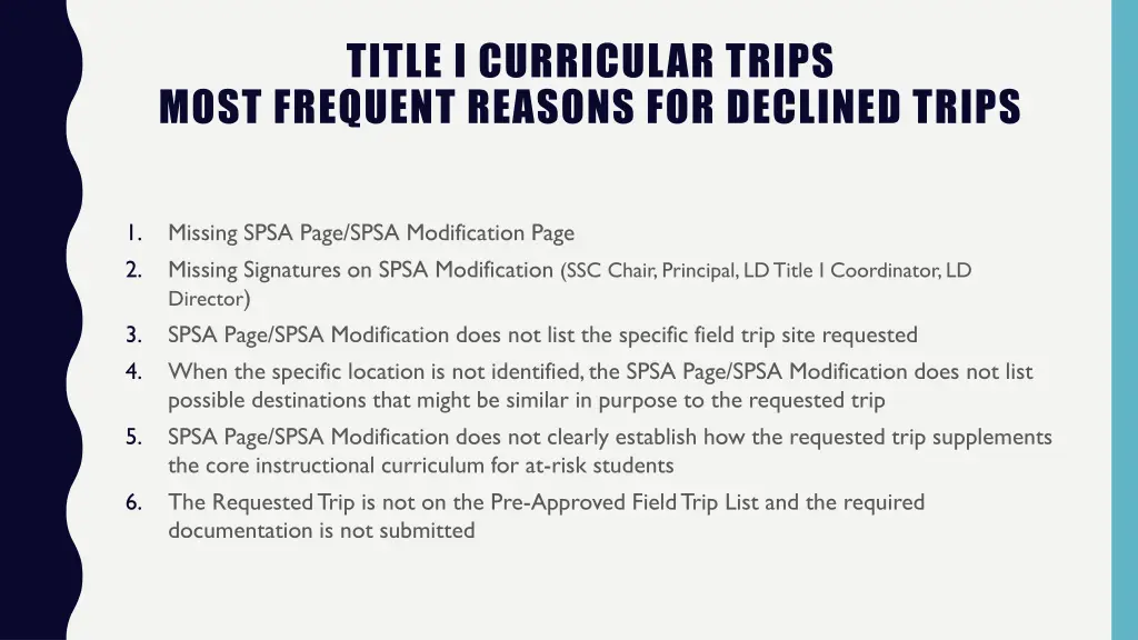 title i curricular trips most frequent reasons