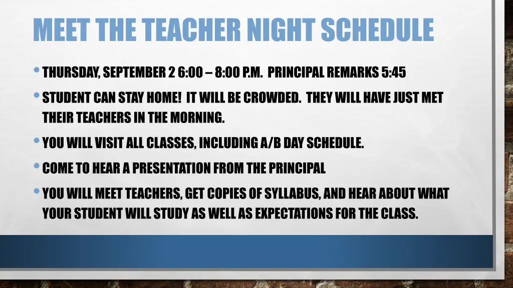 meet the teacher night schedule thursday