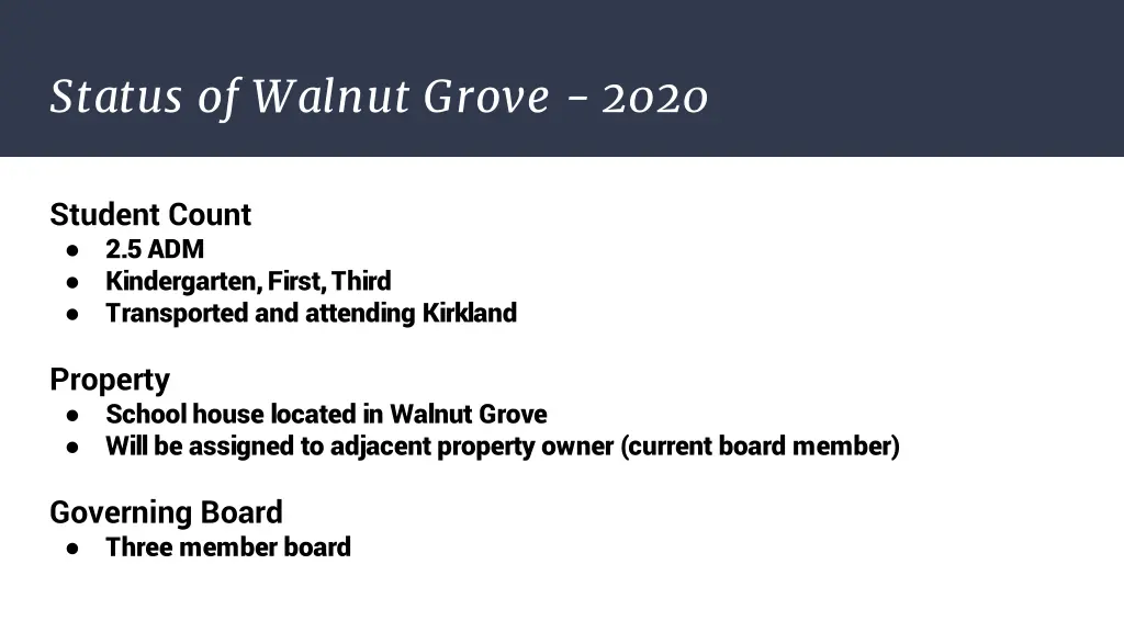 status of walnut grove 2020