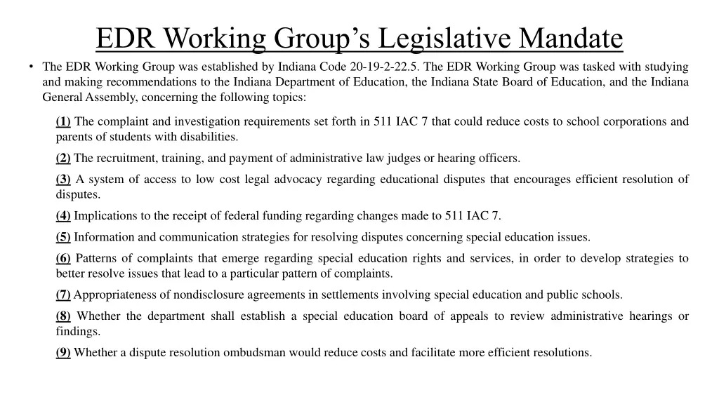 edr working group s legislative mandate