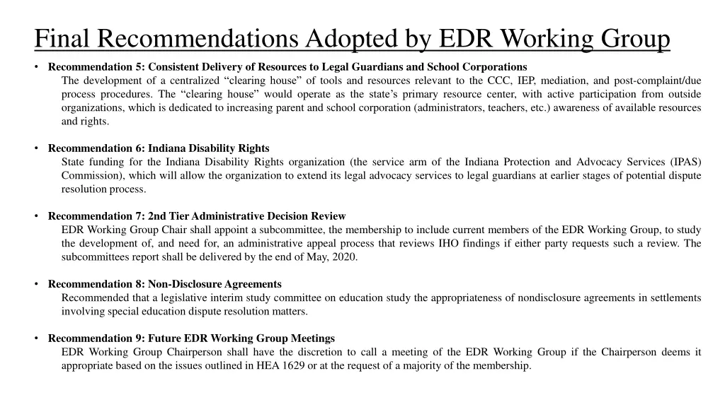 final recommendations adopted by edr working group 1