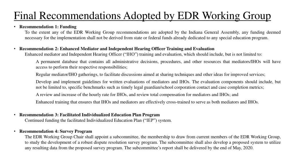 final recommendations adopted by edr working group