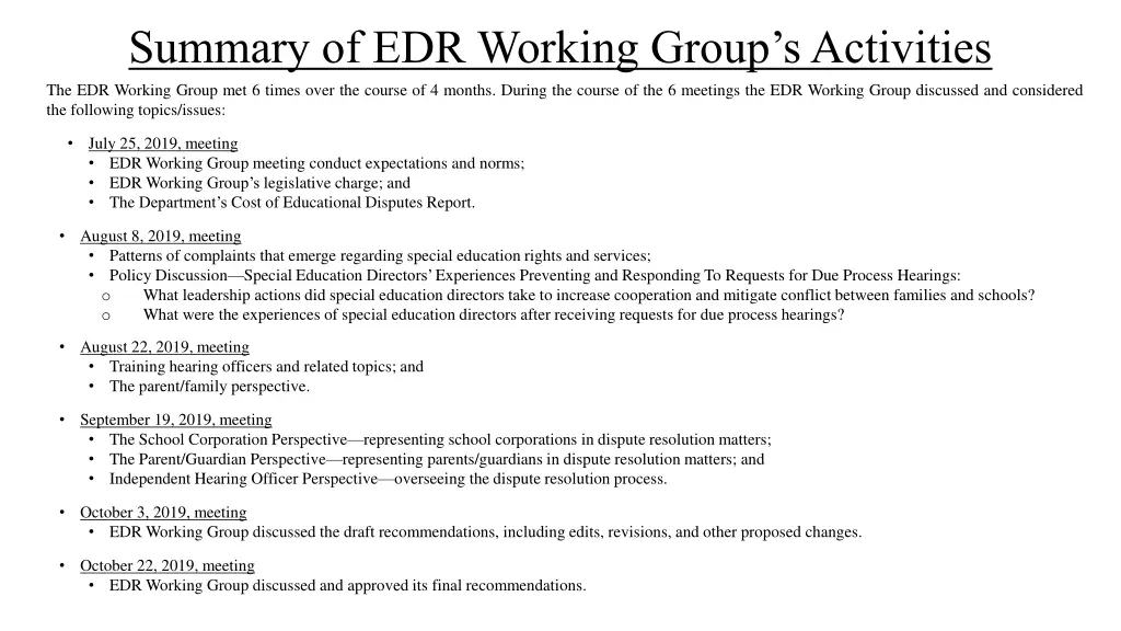 summary of edr working group s activities