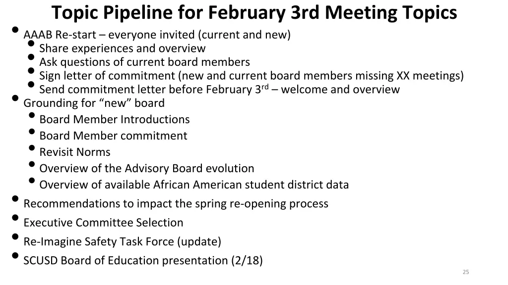 topic pipeline for february 3rd meeting topics