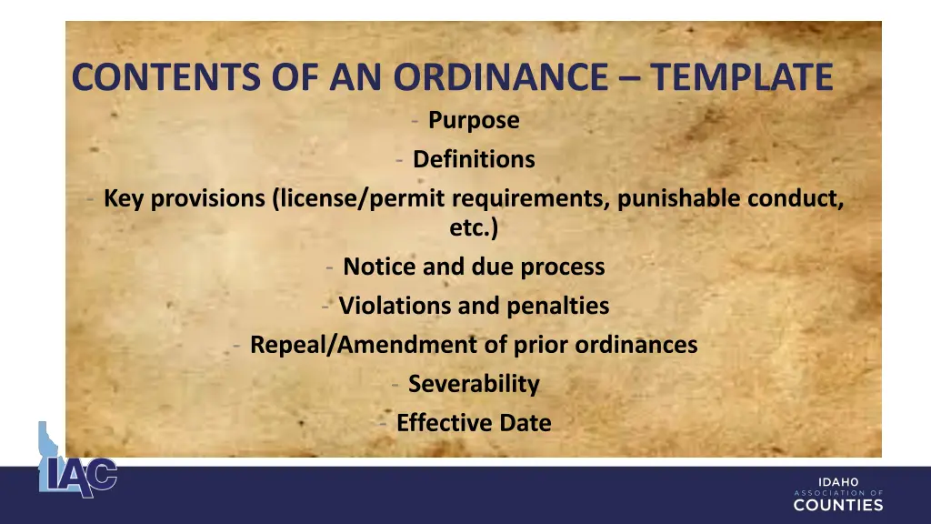 contents of an ordinance template purpose