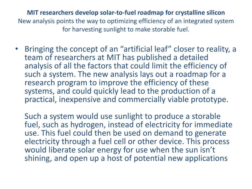 mit researchers develop solar to fuel roadmap