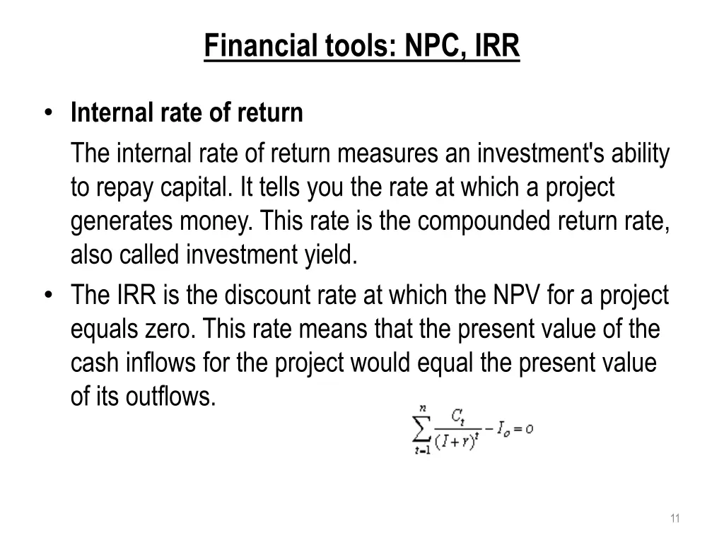 financial tools npc irr