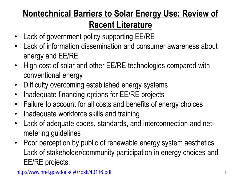 nontechnical barriers to solar energy use review