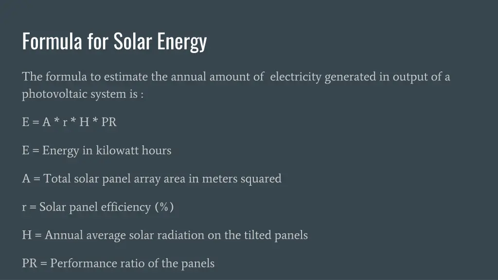 formula for solar energy