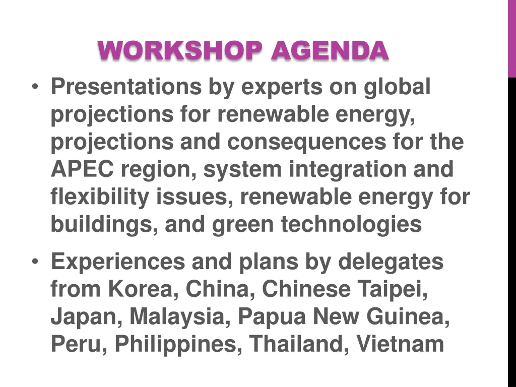 workshop agenda presentations by experts