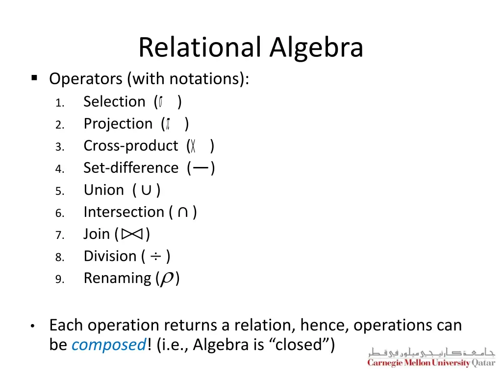 relational algebra operators with notations