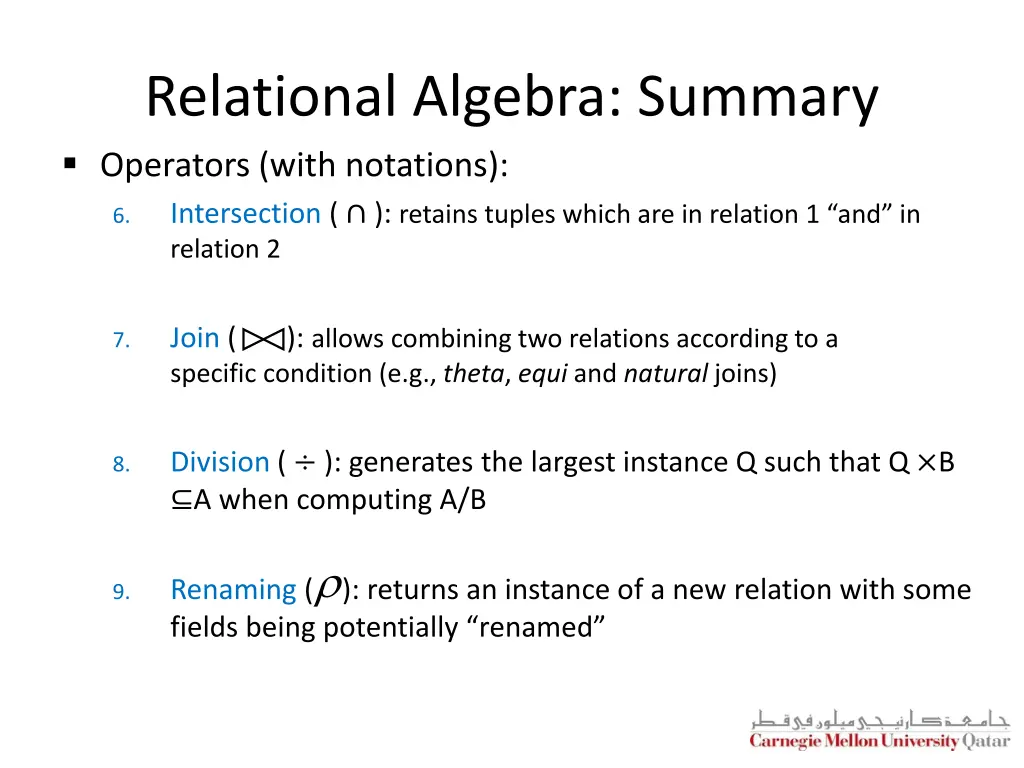 relational algebra summary operators with 1