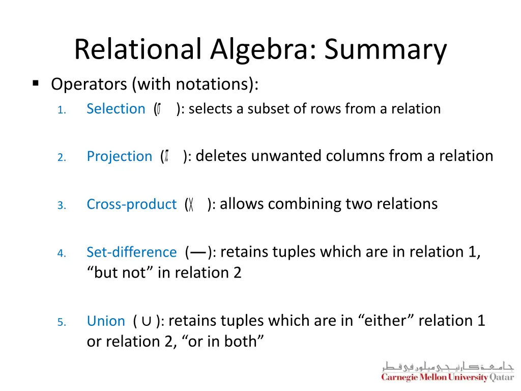 relational algebra summary operators with