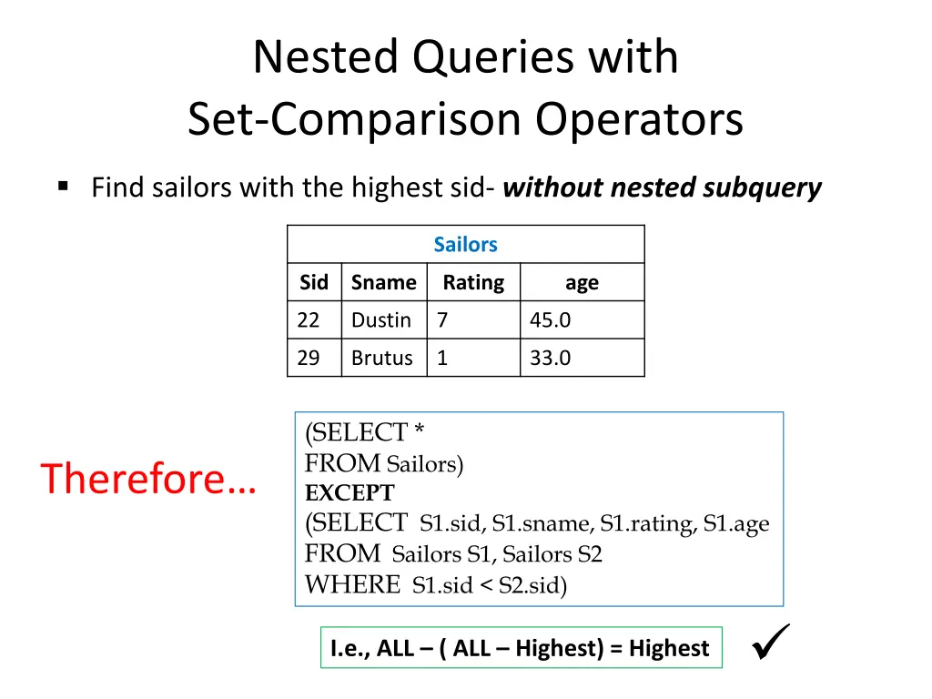 nested queries with set comparison operators 10