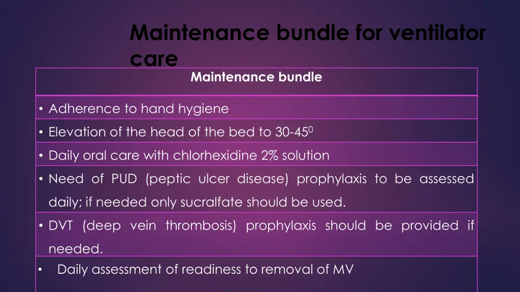 maintenance bundle for ventilator care