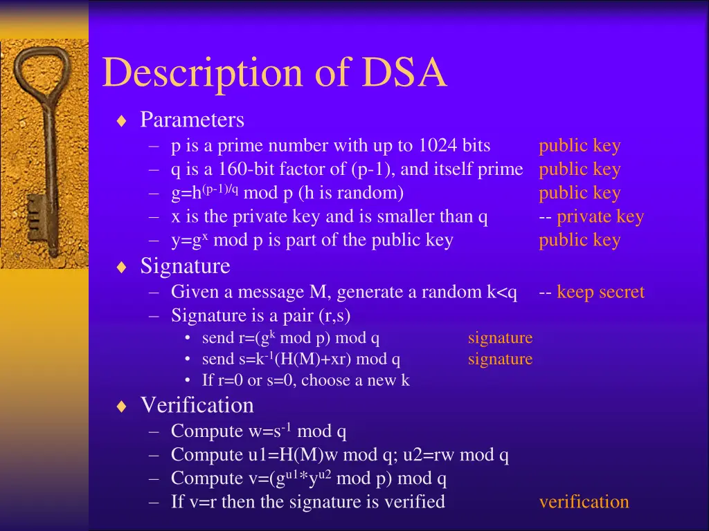 description of dsa parameters p is a prime number