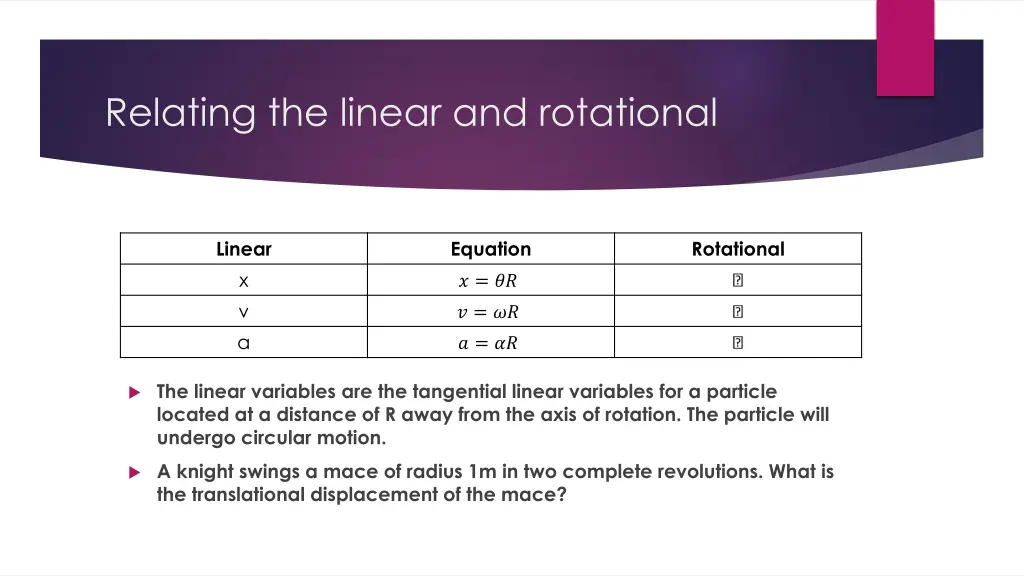 relating the linear and rotational