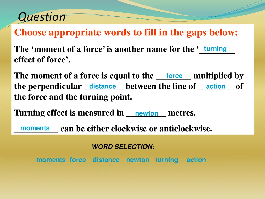 question choose appropriate words to fill 1