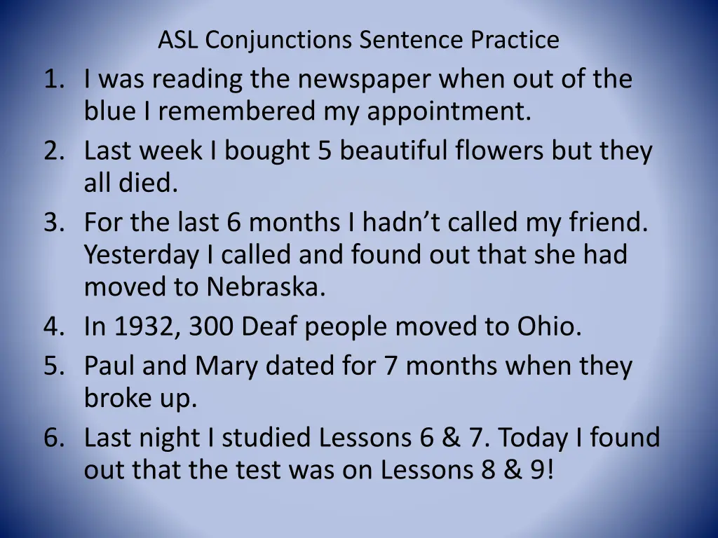 asl conjunctions sentence practice