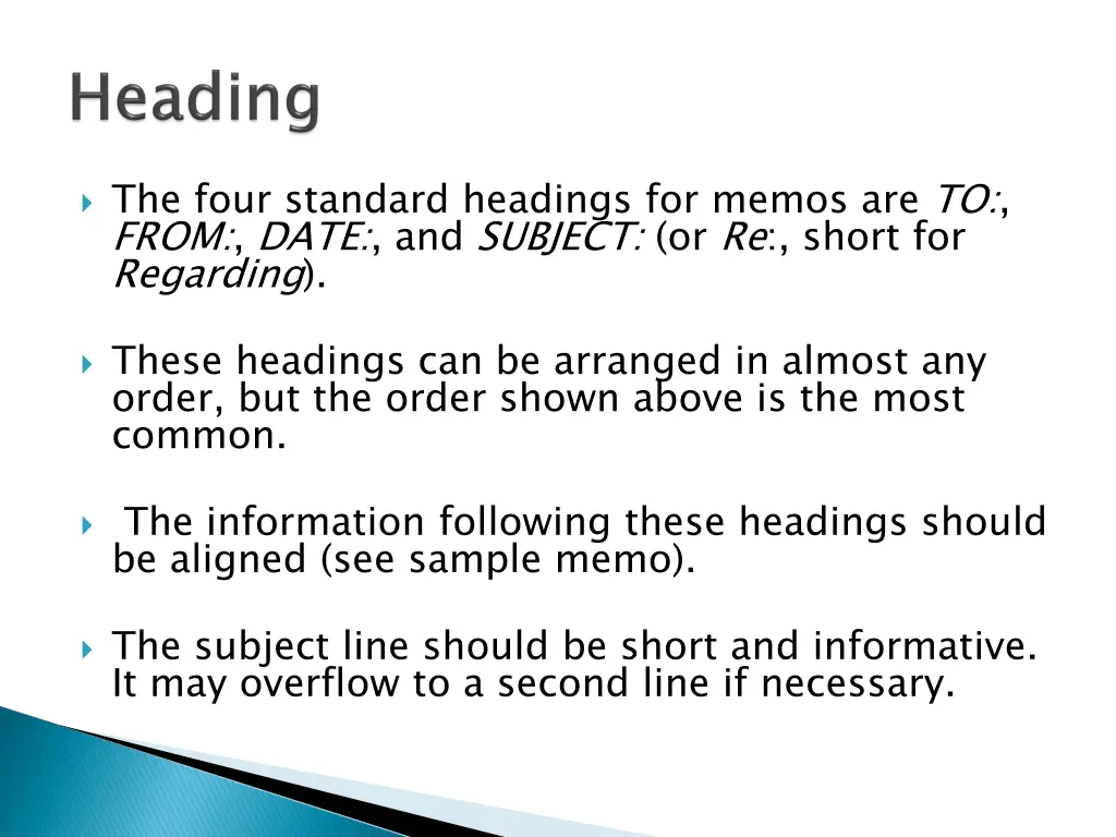 the four standard headings for memos are to from