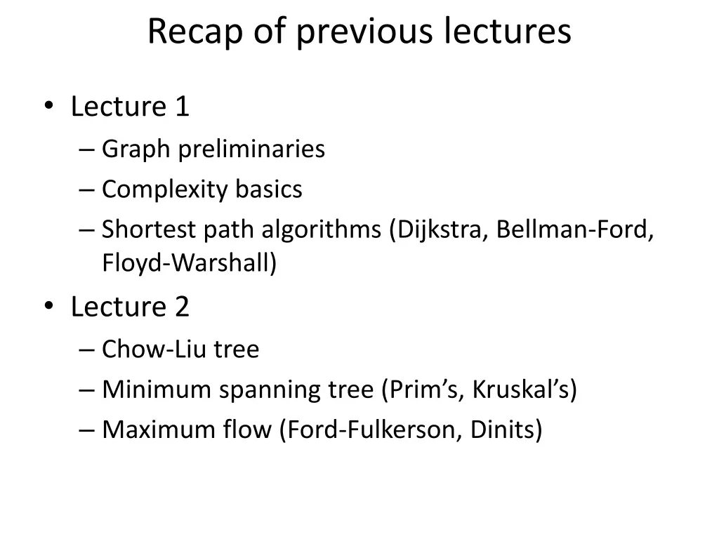 recap of previous lectures