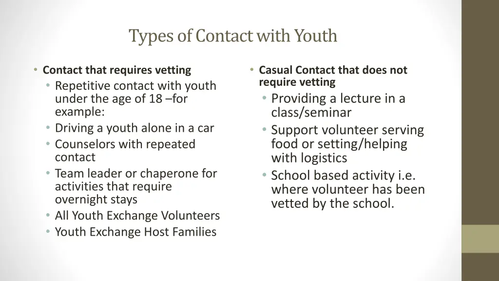 types of contact with youth