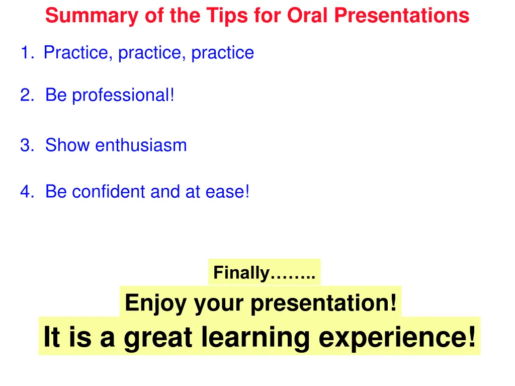 summary of the tips for oral presentations