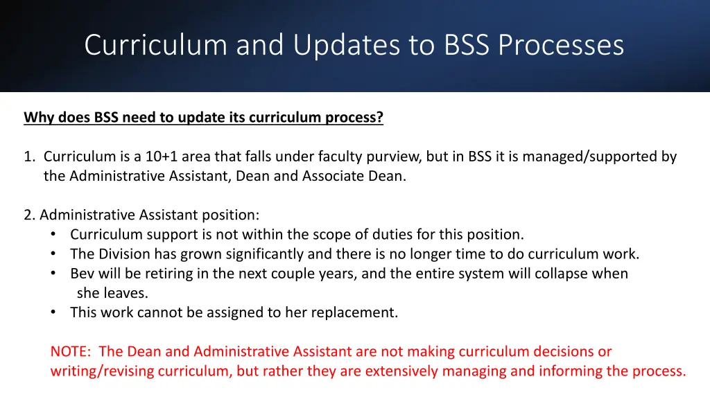 curriculum and updates to bss processes