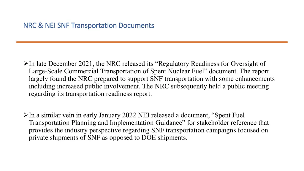 nrc nei snf transportation documents